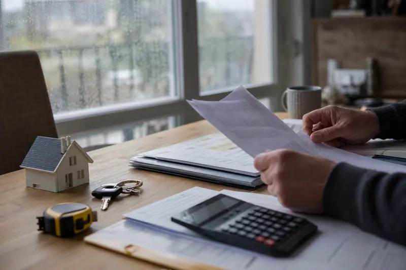 Mains comparant des documents d’assurance habitation sur une table de salon.