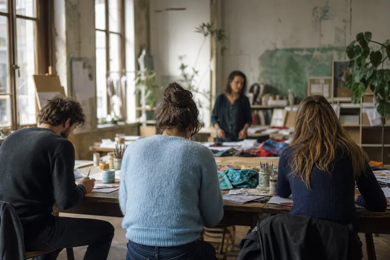 Jeunes adultes participant à un atelier artistique collectif dans une salle lumineuse.
