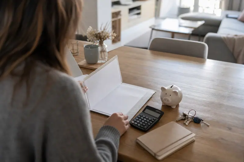Dossier d’épargne, calculatrice et clés sur une table lumineuse.