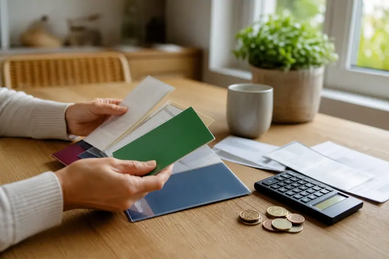 Carnet d’épargne et calculatrice posés sur une table de cuisine.